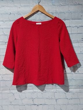 Claudie Pierlot Womens Size 36 US 4 Red Textured 3/4 Sleeve Top Back Bow Accent